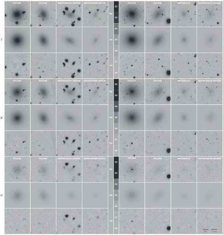 Figure 4 shows models for eight (four nonnucleated and four nucleated ) representative dwarf galaxies with successively decreasing average surface brightness in the range 24.0 