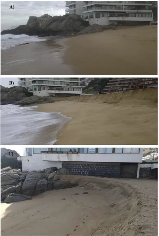 Fig. 6. Changes in the northern part of Re~naca Beach. The images were taken on (A) August 4th , 2015, (B) August 7th and (C) August 10th; the dates among which storm events occurred