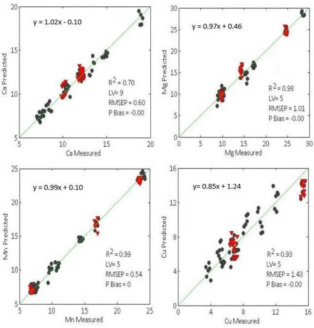 Figura 10. Correlación estadística de las concentraciones de calcio, magnesio,  manganeso, cobre y la reflectancia espectral Vis/NIR