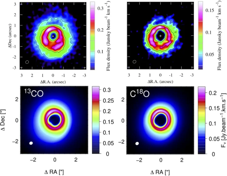 Figure 9. Gas. Predicted 13 CO J = 3–2 and C 18 O J = 3–2 emission (moment 0) from simulation R2 after 50 orbits (bottom two panels), compared to Boehler et al