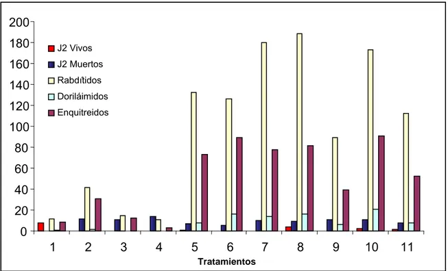 Figura III.1. Poblaciones de J2 de M. incognita y microfauna beneficiosa en los diferentes  tratamientos y el  testigo en el ensayo 1