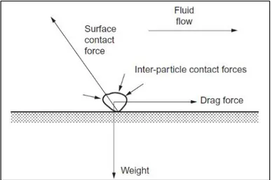Figure 2.1 Diagram of forces acting on a particle in contact with a solid surface (Hutchings, 1992)