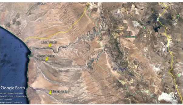 Figure  1.  Map  of  sample  collection  sites.  Samples  were  collected  in  Azapa,  Lluta  and  Chaca valleys, indicated by yellow points on the map
