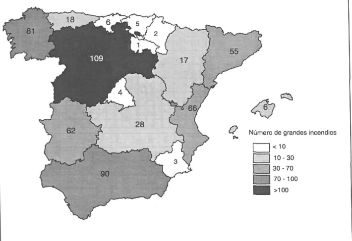 Figura 4. Número de incendios (&gt; 500) has por Comunidad Autónoma. Totales dei periodol986-1995 