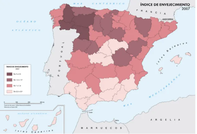 Figura 1: Índice de Envejecimiento en España en 2007  Fuente: Instituto Geográfico Nacional