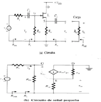 Figura 2.6 Circuito y circuito de señal pequeña del drenador común[28].  
