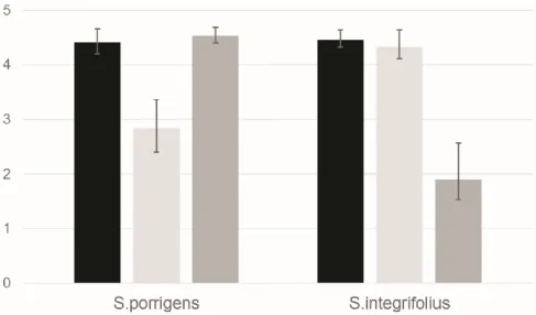 Fig. 4. Ontogenetic integration in Schizanthus species. Early phase (light grey), late phase  (dark grey) and complete ontogeny (black)