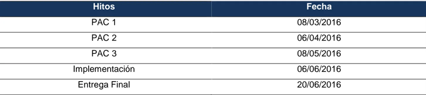 Tabla 1: Hitos clave. 
