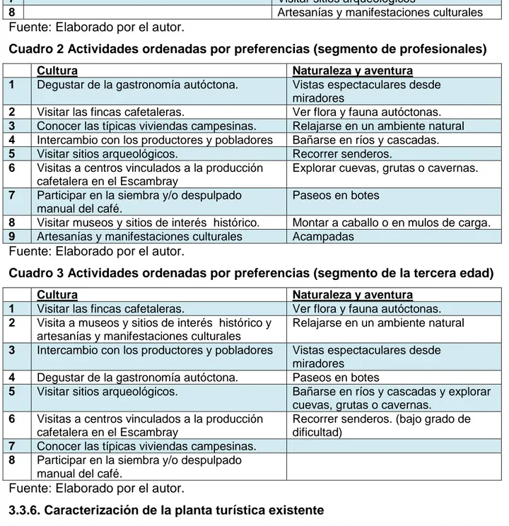 Cuadro 2 Actividades ordenadas por preferencias (segmento de profesionales) 