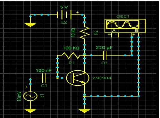 Figura 2.6. Circuito amplificador simulado en DroidTesla con el osciloscopio  conectado