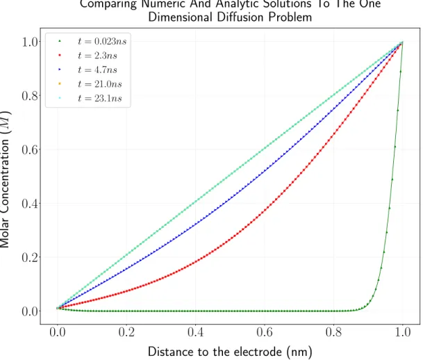 Figure 3.3: Comparison between numerical an analytical results. The numerical method (dotted line) behaves as expected, following the analytical solution.