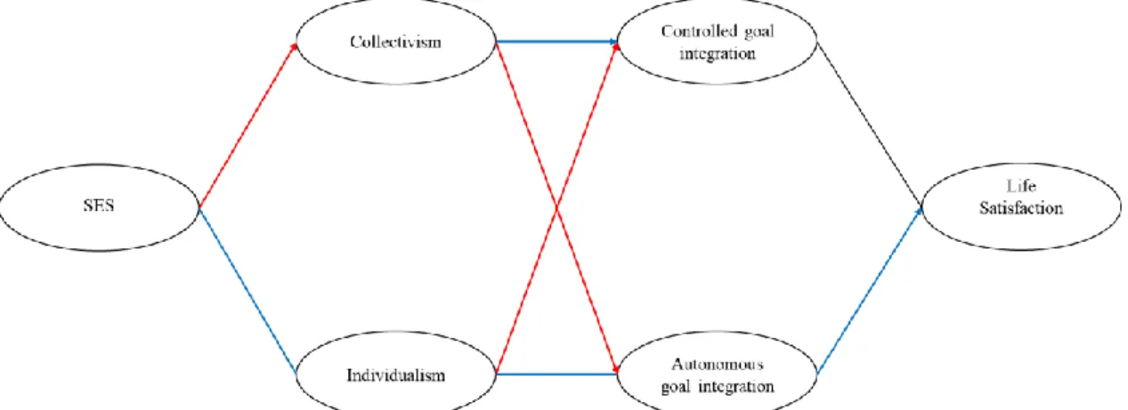 Figure 1. Main hypotheses. Red paths are expected to be negative, blue paths are expected  to be positive