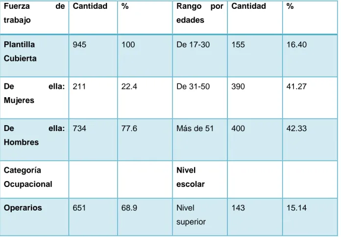 Tabla 2.1 Distribución de la fuerza de trabajo según categoría ocupacional, nivel escolar y rango  por edades