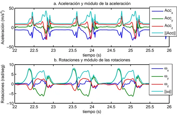 Figura 2.5: Segmento de la aceleraci´ on y giros grabados durante el caminado.