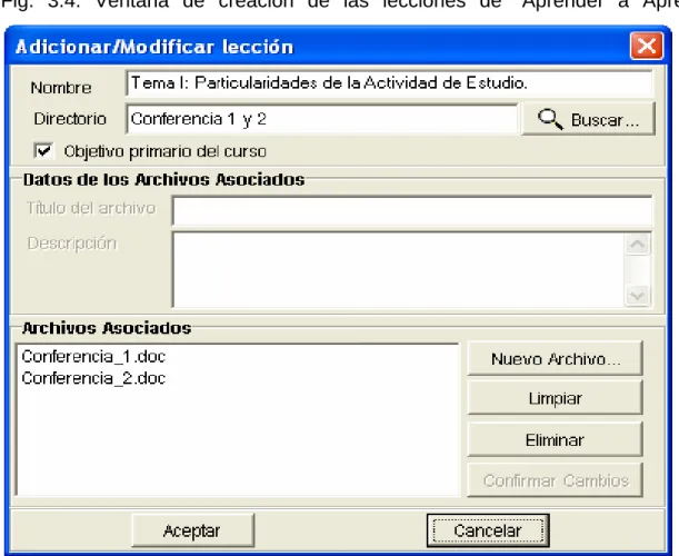 Fig. 3.4. Ventana de creación de las lecciones de “Aprender a Aprender”.                         
