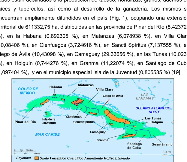 Fig. 1. Distribución geográfica de estos suelos en Cuba. 