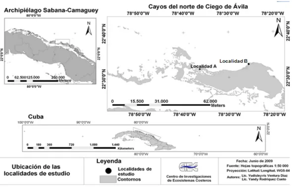 Figura 1. Ubicación de las localidades de estudio (A= laguna interior del puente  a Guillermo, B= playa Flamenco)