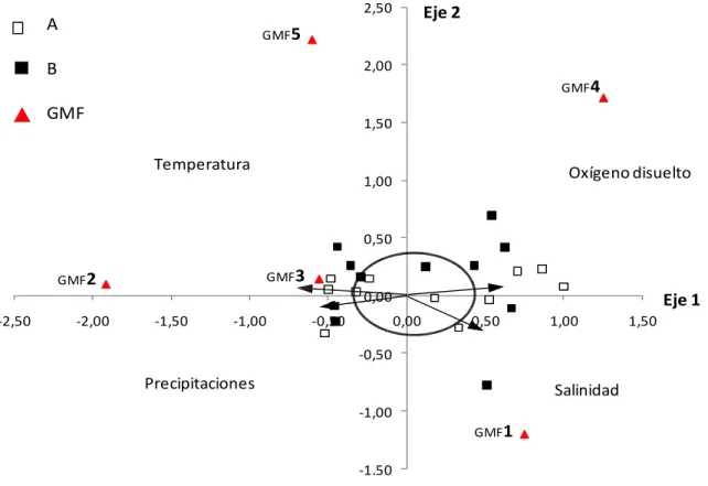 Figura 7. Análisis canónico. (A=laguna, B=playa; GMF1=macrófitas corticadas,  GMF2=macrófitas coriáceas, GMF3=calcáreas articuladas, GMF4= 