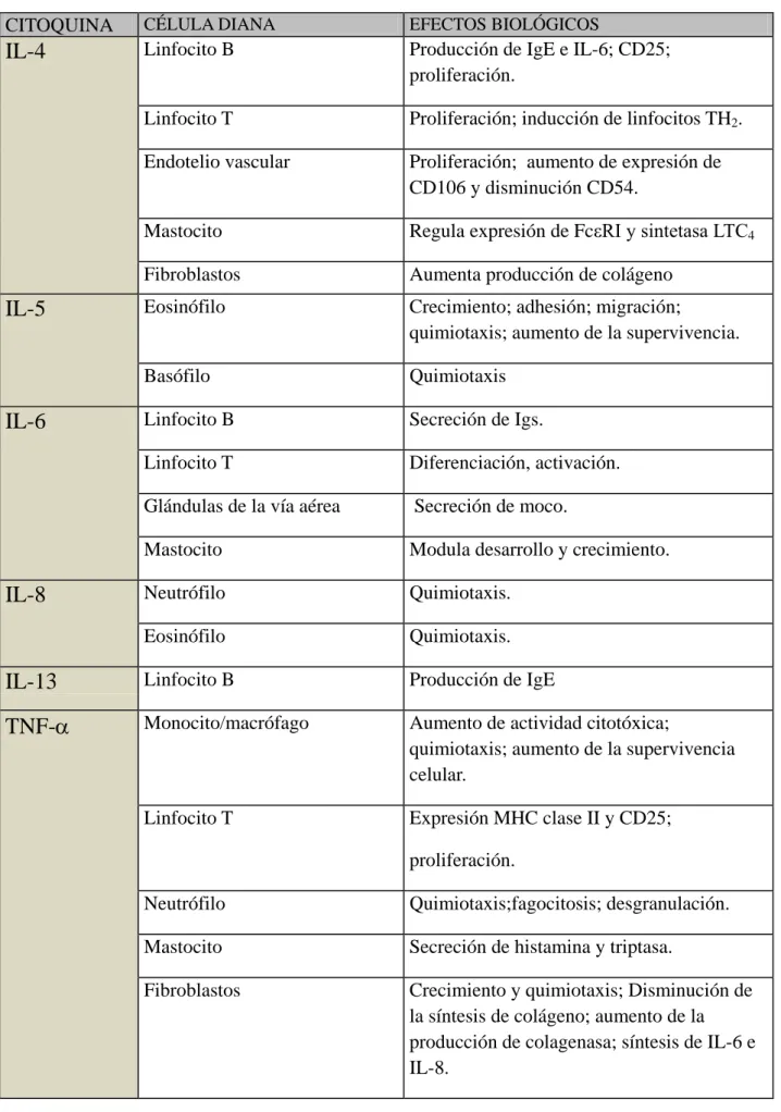 Tabla II. Citoquinas producidas por los mastocitos humanos.  