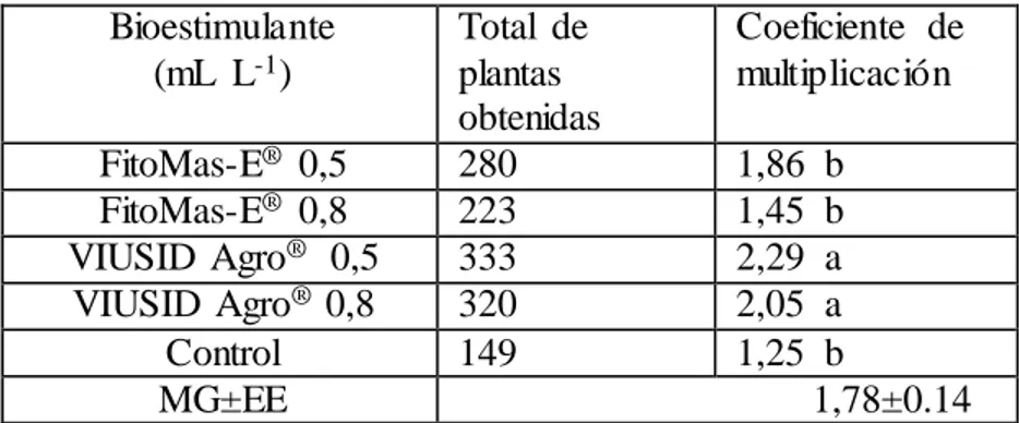 Tabla  5.  Efecto  del  uso  del  FitoMas-E ®   y  el  VIUSID  Agro ®   en  el  ahijamiento  de  las  plantas  in  vitro  de  caña  de  azúcar  (Saccharum  spp