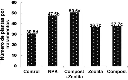 Figura 1. Efecto del compost solo y combinado con zeolita  sobre el número de    plantas