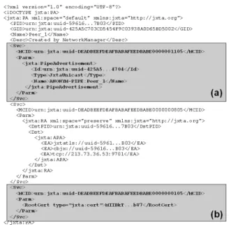 Fig. 1. Peer Advertisement supporting the Anonymity Service, containing (a) Anonymity Service Pipe Advertisement and (b) PSE public key data.