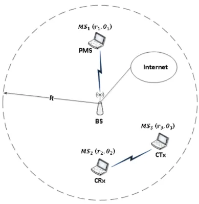 Figura 2.1. Escenario que muestra la coexistencia de dos dispositivos de CR (CTx y CRx) estableciendo un  enlace ad hoc, y un usuario primario (PMS) conectado a la red basada en infraestructura