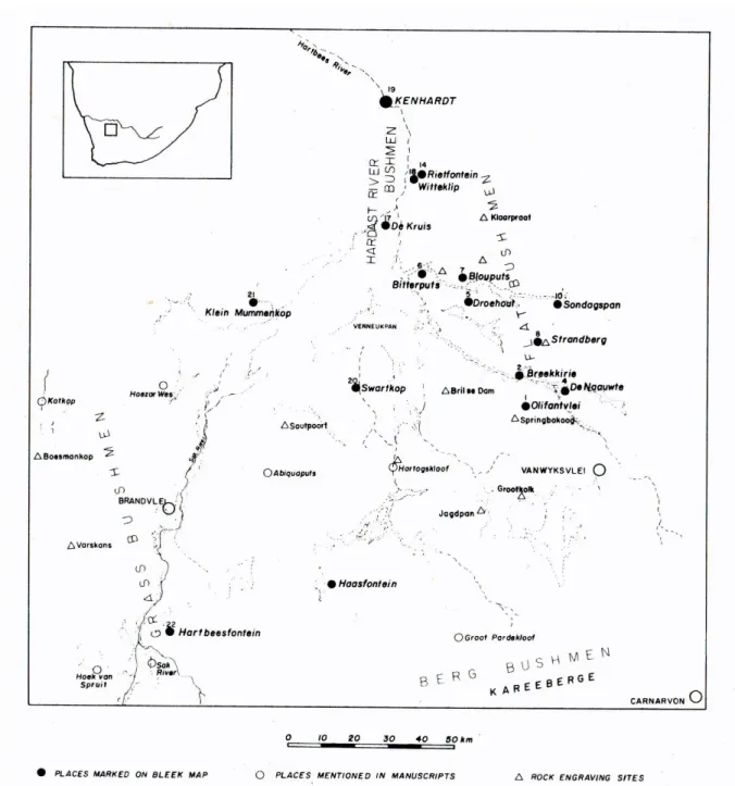 Fig.  11. Mapa del territorio de los informantes de Bleek y Lloyd. De Deacon 1986