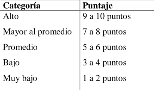 Tabla 8 – Puntuaciones PDV 