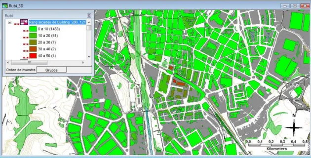 Fig. 27: Mostra de la consulta temàtica en què es pot veure que només uns quants edificis del centre sobrepassen els  20 metres d‟alçada, aquest es mostren en color vermell
