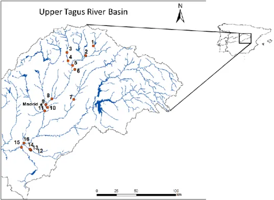 Figure 1. Map of the study area and sampling sites in the upper Tagus river basin.  
