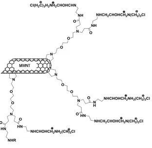 Figura 1.16 Ejemplo de funcionalización de nanotubos de carbono con un  dendron tipo PAMAM para liberación de material genético
