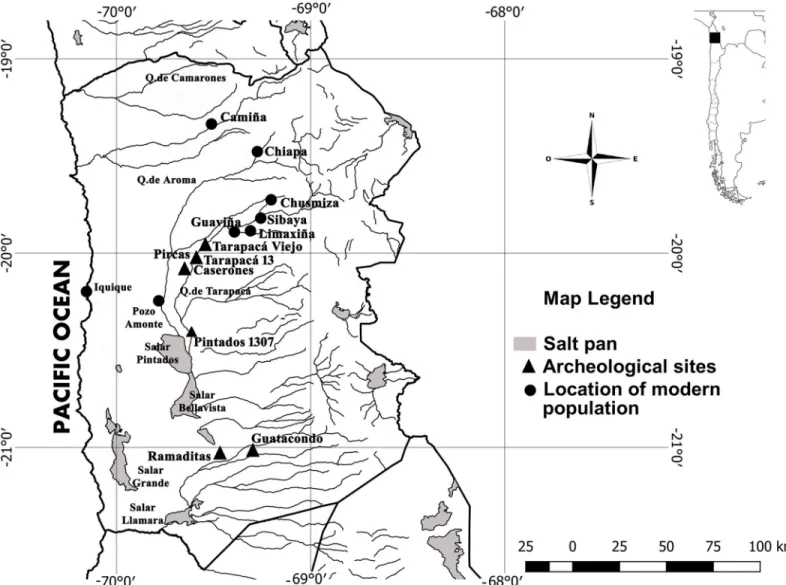 Fig 1. Tarapaca´ region map. Black triangles indicate archaeological sites dated between Formative Period (ca