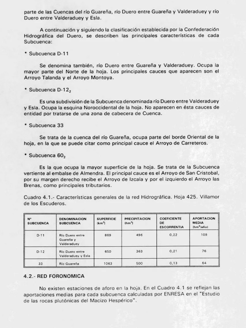 Cuadro 4.1.- Características generales de la red Hidrográfica. Hoja 425. Villamor de los Escuderos.