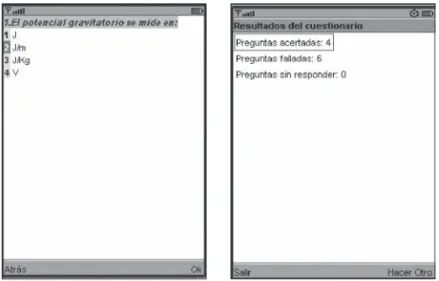 Figure 2. Mobile Application Screenshots (in Spanish). Left-A question,  Right-Post-test results.