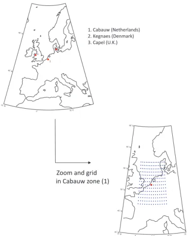 Figure 4.2: Locations of the sites considered (Cabauw, Kaegnes and Capel), and grid (0.75 ◦ ) considered over Cabauw site.