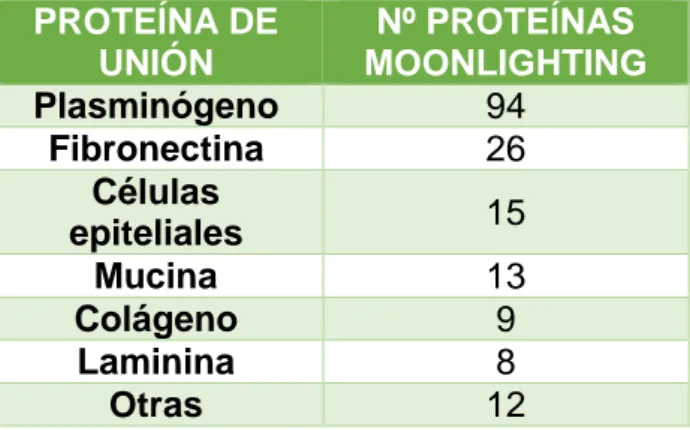 Tabla 2. Principales proteínas a las que se unen las proteínas moonlighting del listado  y  número  de  proteínas  moonlighting  que  tiene  dicha  proteína  de  unión  (según  la  información sobre sus respectivas funciones moonlighting)