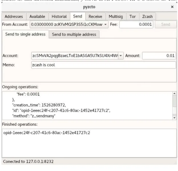 Figura 2.2: Vemos que la interfaz de pyzcto ofrece m´as funcionalidades que Swing Wallet, como enviar a m´ ultiples direcciones en una sola transacci´on, crear y sacar fondos de una direcci´on multifirma, y servir la API JSON-RPC a trav´es de Tor.
