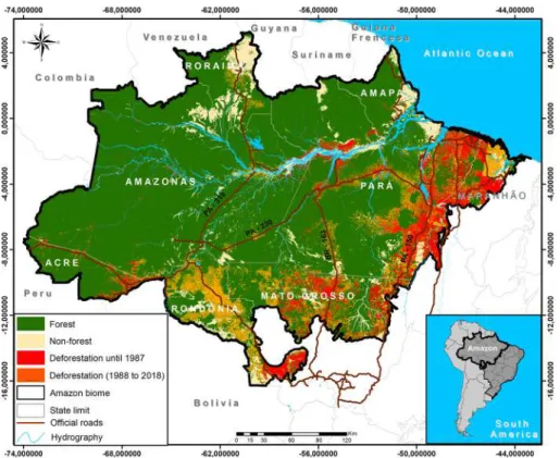 Fig. 2    Forest, non-forest, and deforested area in the Brazilian Amazon by 2018. The deforested area by  1987 is also distinguished