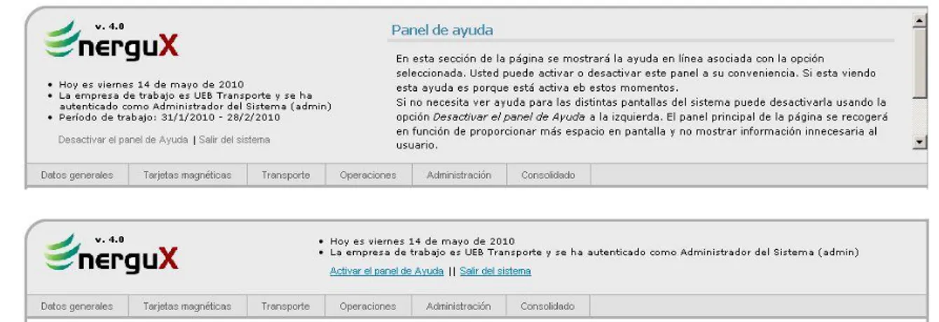 Figura 4.3. Vista ampliada y reducida del Panel de Ayuda  de EnerguX. 