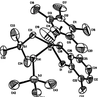 Fig.  I.  ORI~EP view  of  the  molecular  structure  of  TaCp'(CH2Si-  Me3)2{T/2-O(2-CH2-6-MeC6H3)},  12  with  the  atom  numbering  scheme