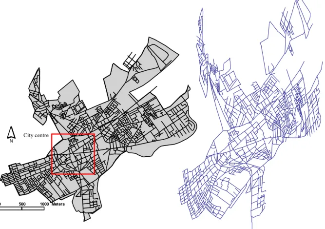 Figure 3. Current street network and distorted image result of the bi-dimensional regression