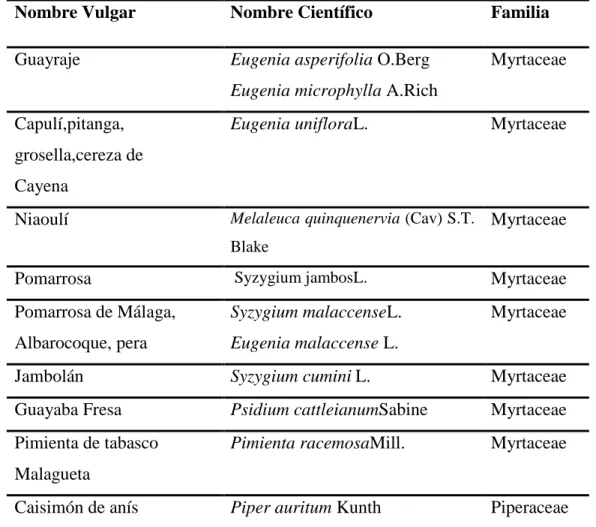 Tabla II. Especies botánicas de la familia Myrtaceaeutilizadas en los experimentos 