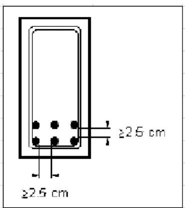 Figura 16.  Ejemplo de espaciamiento mínimo entre barras dispuestas horizontalmente y  de las camadas (sentido vertical) 