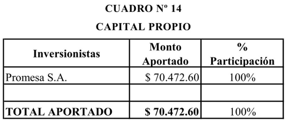 CUADRO Nº 14  CAPITAL PROPIO  Inversionistas Monto  Aportado %  Participación Promesa S.A