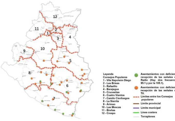 Figura 4: Asentamientos con déficit en la captación de las señales de radio y TV en  Cumanayagua