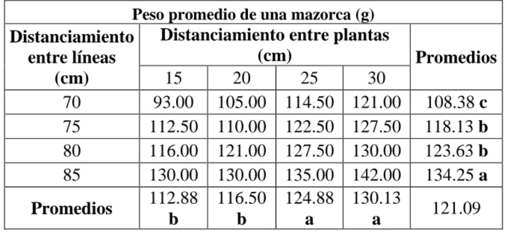 Cuadro  N°  21.  Peso  promedio  de  una  mazorca  (g)  a  los  140  d.d.s.  para  “Marco  de  siembra  en  el  rendimiento  de  maíz  morado  (Zea  mays  L.)  “Ecotipo  Arequipeño” en la Irrigación Majes 2012 – 2013” 