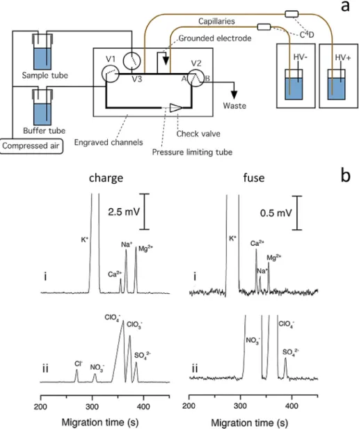 Fig. 5. Microchip CE–ED for the analysis of nitrate ester explosives. In a) the result- result-ing electropherogram of a standard mixture (a, ethylene glycol dinitrate, b, propylene glycol dinitrate; c, nitroglycerin; d, pentaerythritoltetranitrate); in b)