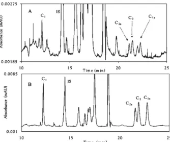 Figure 5. Analysis by SPE-CE of a human serum with concentrations of gentamicin of 1.47 mg/L (A) and 12.3 mg/L (B), both containing 5 mg/L of furosemide as IS