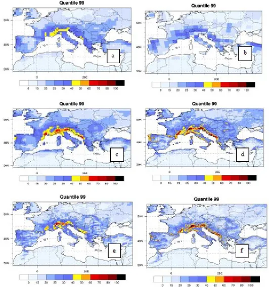 Figure 3. 99% quantile of daily precipitation (mm/day) in SON for the period 1989- 1989-2008 : a) ERA-interim reanalysis; b) ALADIN-Climat model 150 Kms ; c) COSMO-CLM  model 50kms forced by ERA-interim reanalysis; d) COSMO-CLM model 12kms; e)  ALADIN-Clim